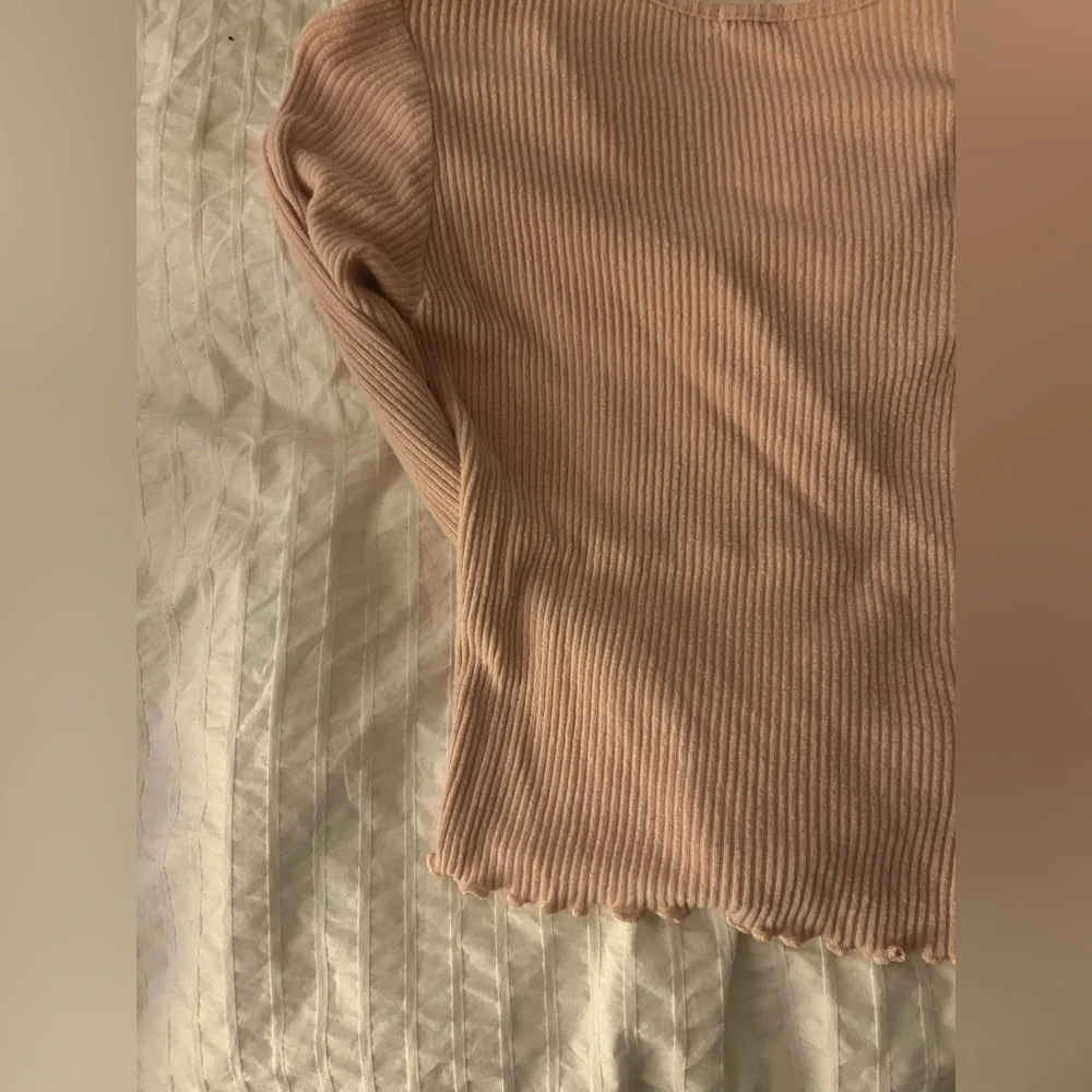 Heart & Hips S Pink Ribbed Balletcore Long Sleeve Blouse Top W/ Lettuce Hem